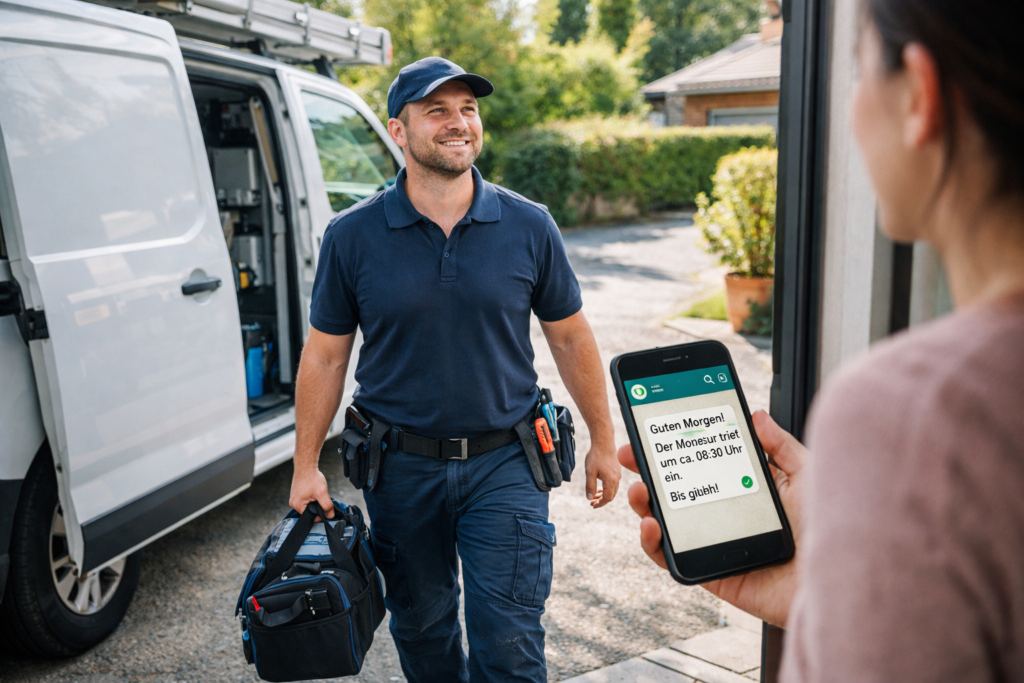 Der Monteur trifft beim Kunden ein. Der Kunde schaut auf sein Handy und sieht die Informationsnachricht vom Monteur.